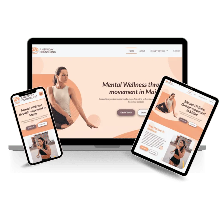 A photo of the A New Day Counseling Website Homepage shown on different screen sizes