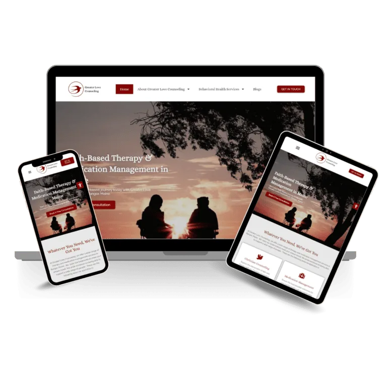 A photo of the Greater Love Counseling Website Homepage shown on different screen sizes